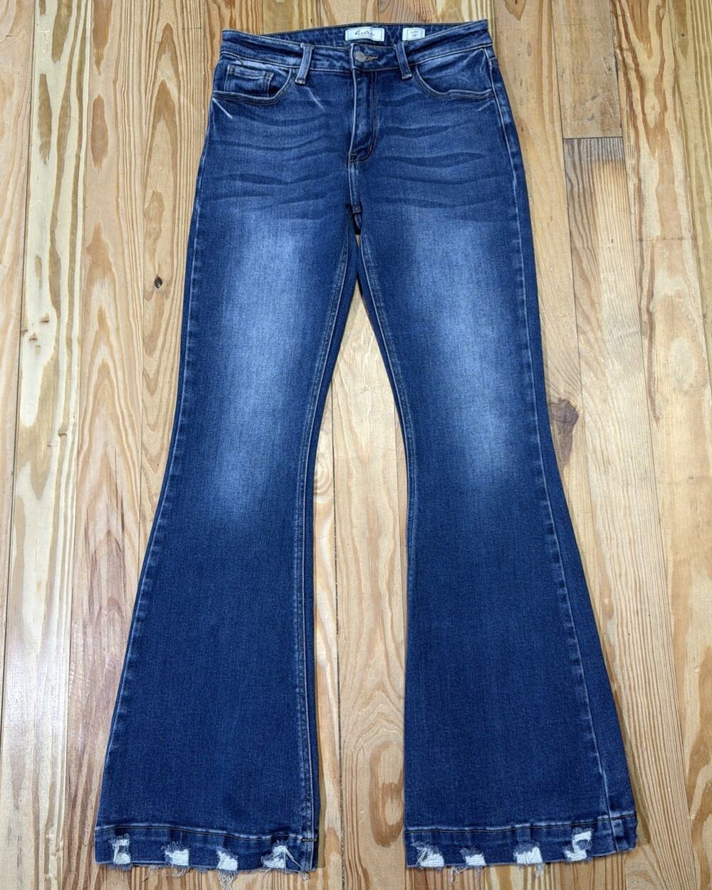 KANCAN Kurvy Blue Mid Rise Flare Boho Jeans Size 27x32 Distressed